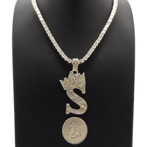 Initial Letter "S" Pendant Tennis Chain Necklace - Picture 1 of 10